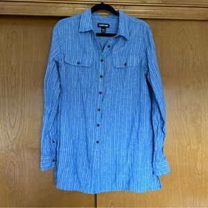 Lands’ End Linen Striped Button Down Shirt Blue White Size Medium Tall Coastal